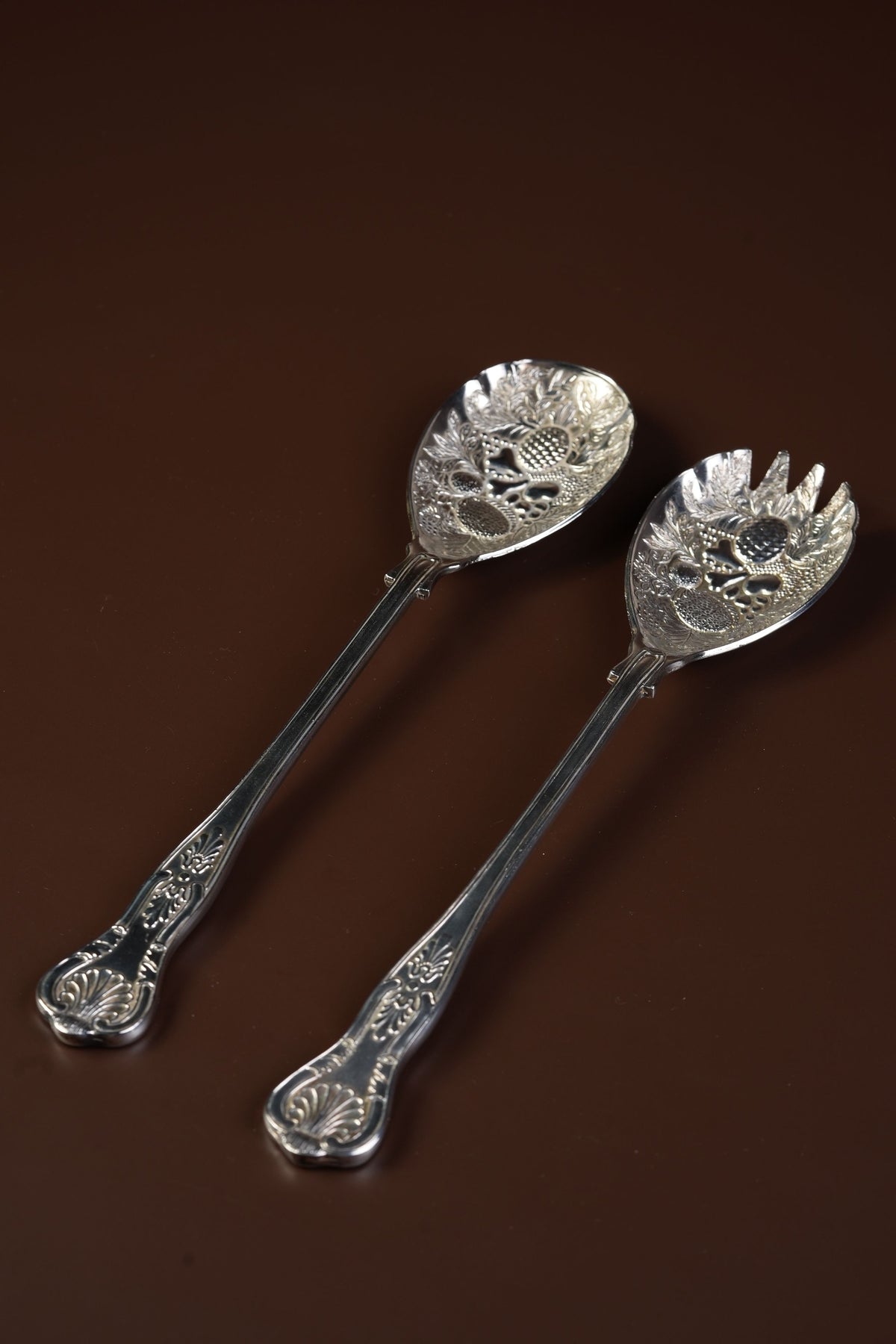 Antique Silver-Plated Pierced Salad Serving Spoon & Fork Set