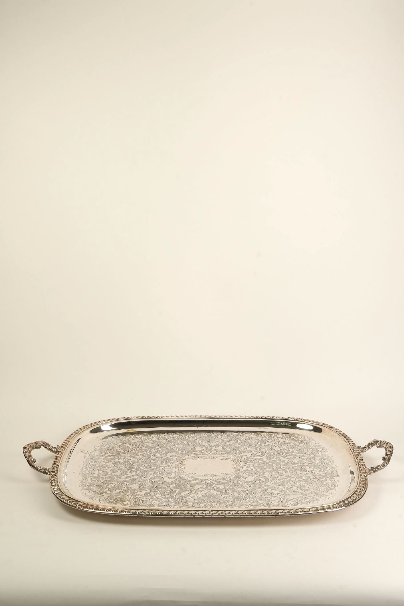 Ornate Silver-Plated Engraved Serving Tray with Handles