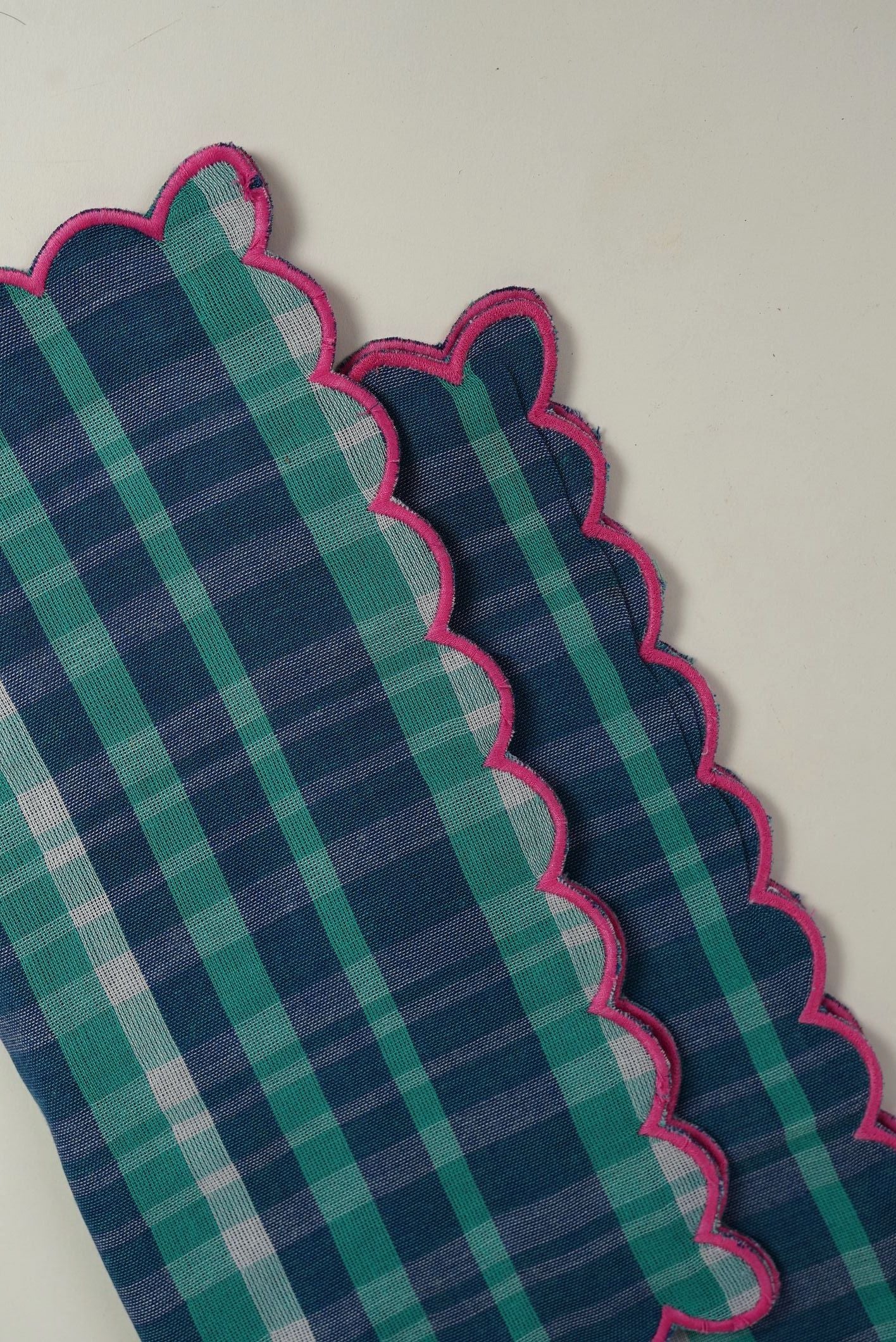 Blue Check Cotton Napkins with Pink Scalloped Edge | Set of 2