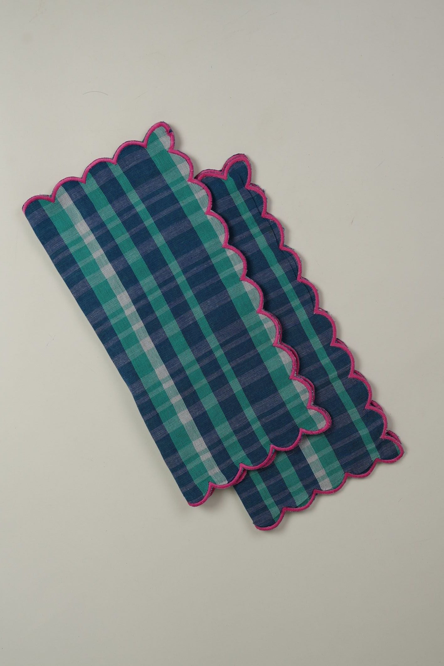 Blue Check Cotton Napkins with Pink Scalloped Edge | Set of 2