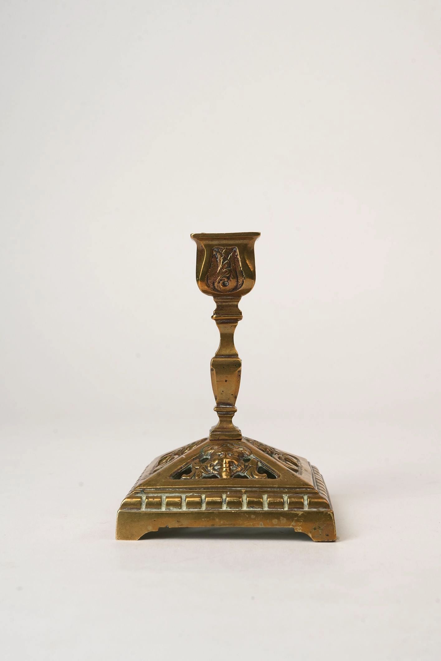 Carved Antique Brass Candle Stands | Set of 2