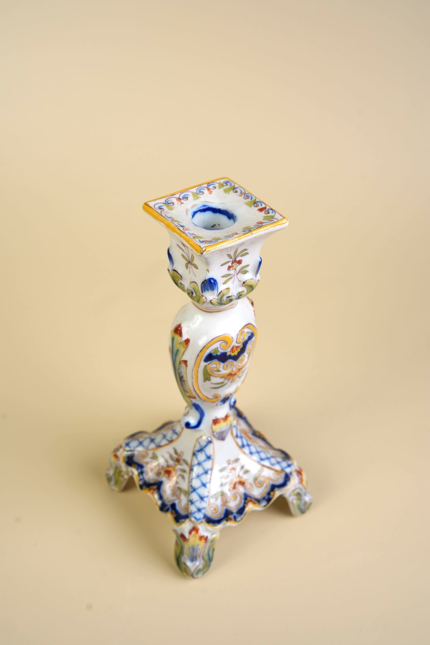 French Faience Rouen Hand-Painted Candlestick