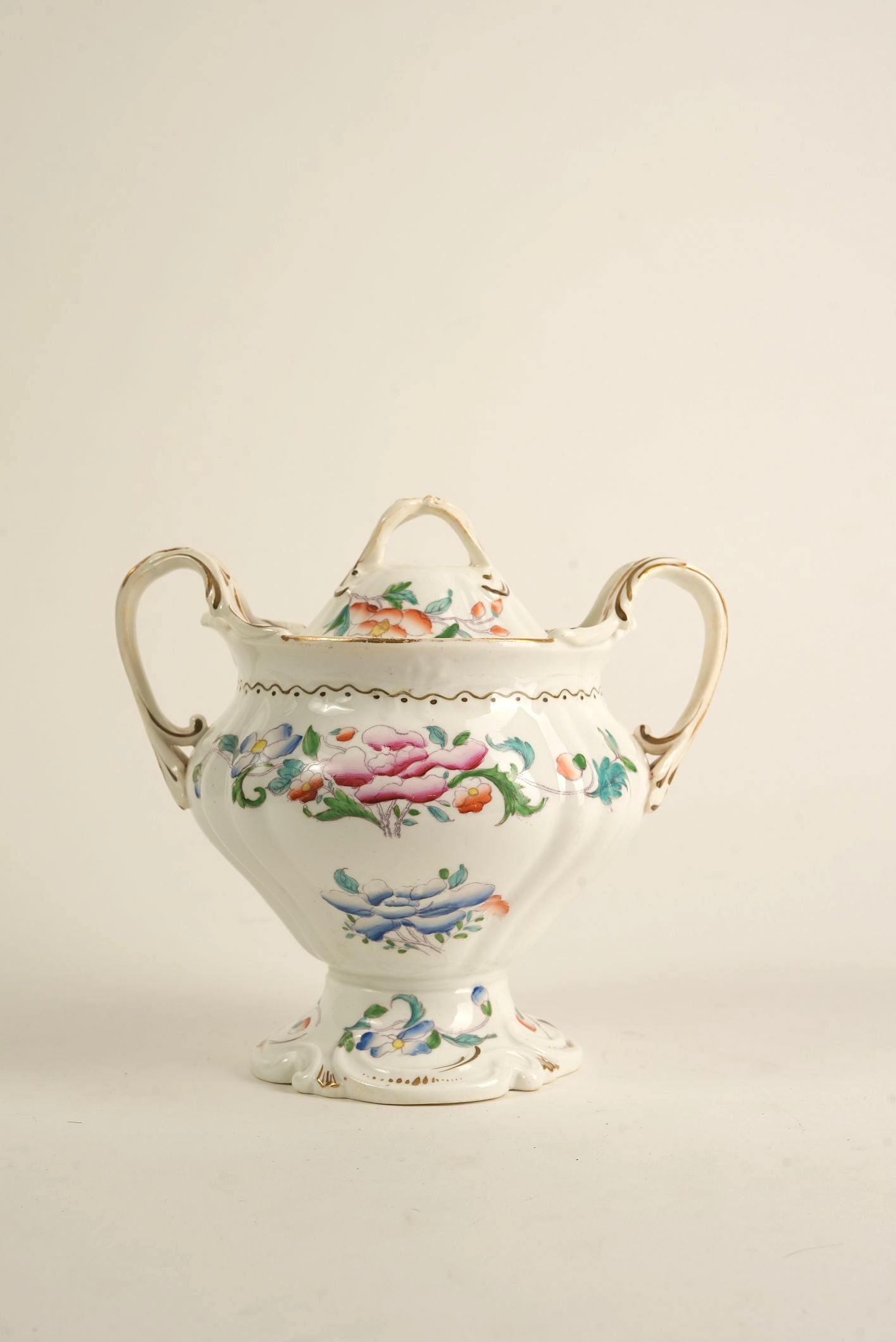 Hand-Painted Porcelain Sugar Bowl with Lid, c. Early 20th Century