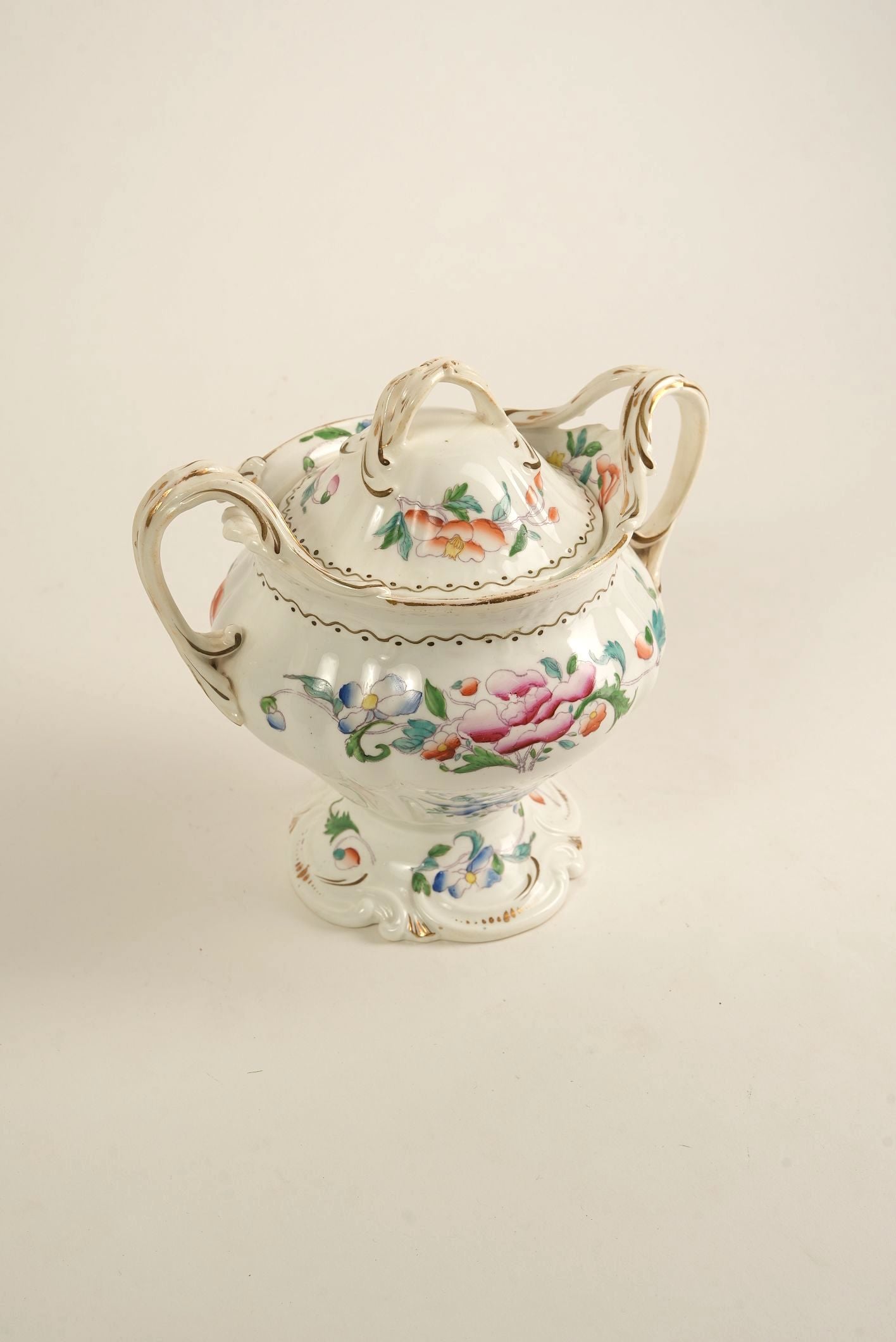 Hand-Painted Porcelain Sugar Bowl with Lid, c. Early 20th Century