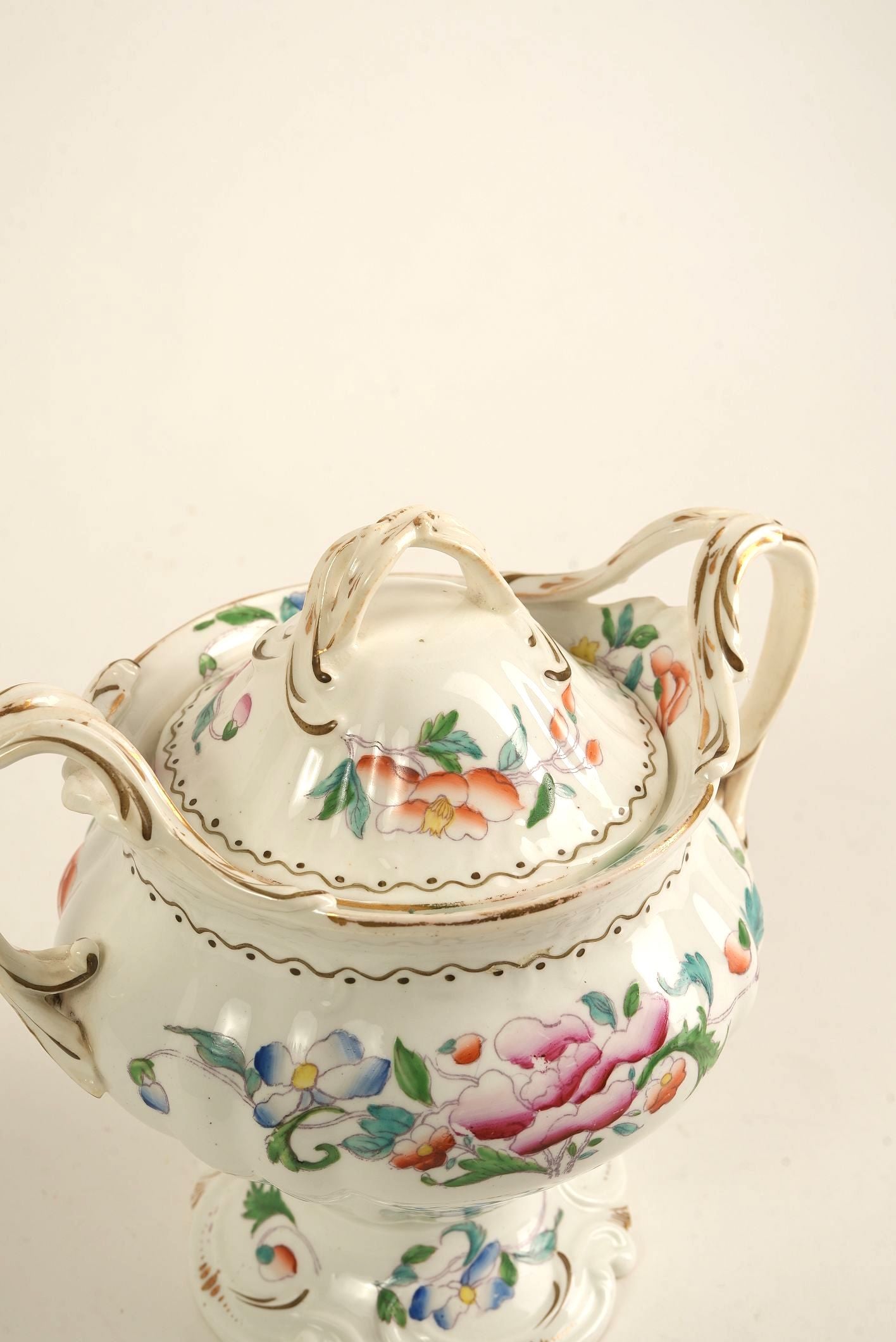Hand-Painted Porcelain Sugar Bowl with Lid, c. Early 20th Century