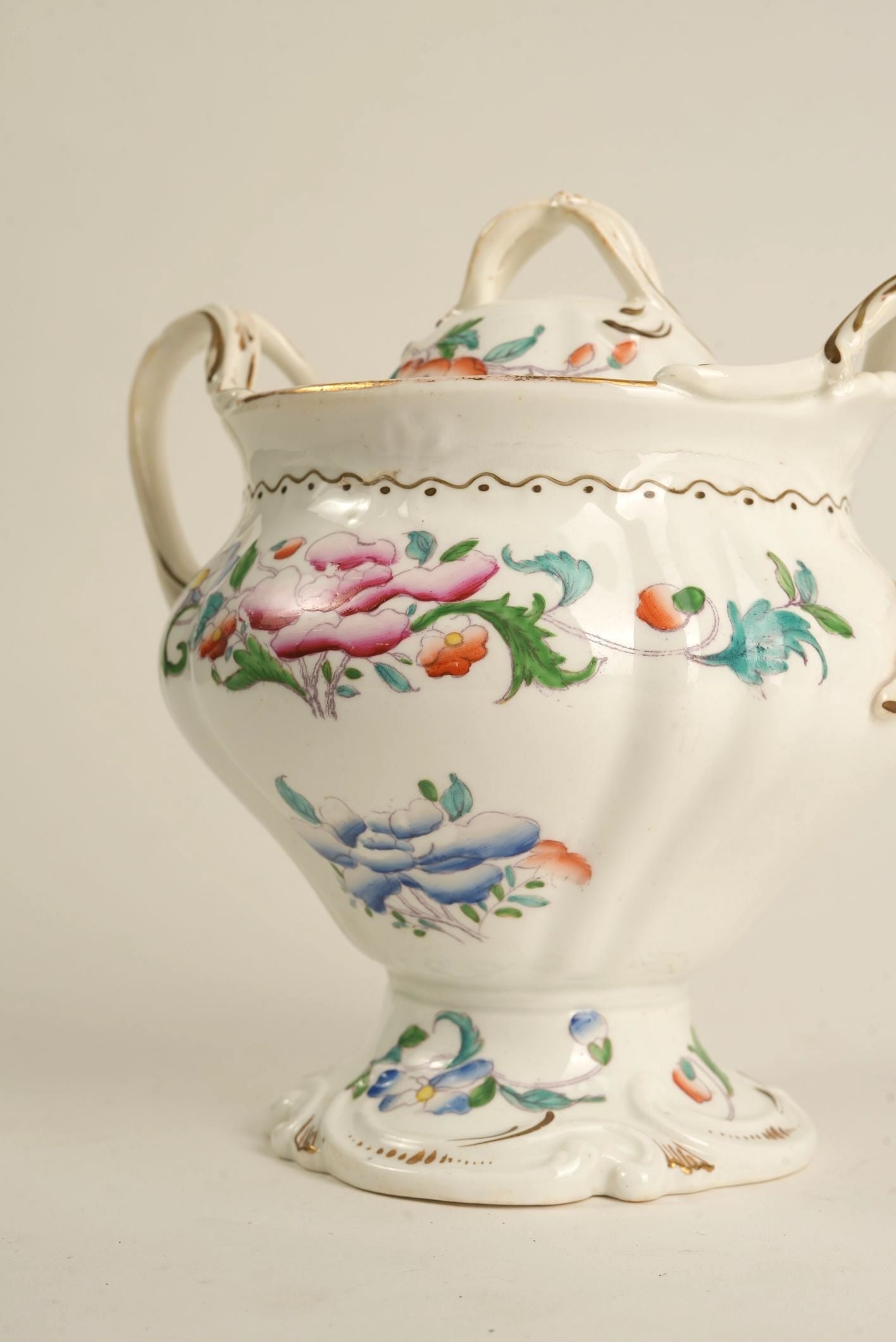 Hand-Painted Porcelain Sugar Bowl with Lid, c. Early 20th Century