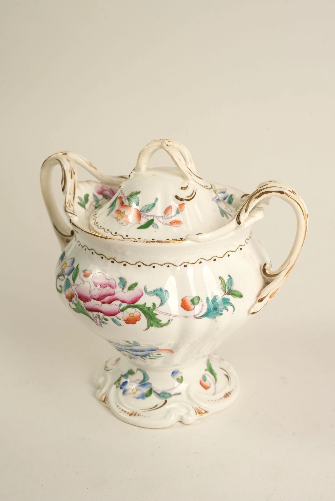 Hand-Painted Porcelain Sugar Bowl with Lid, c. Early 20th Century