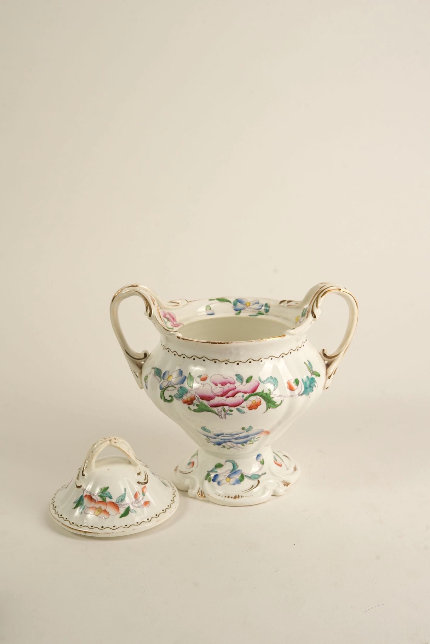 Hand-Painted Porcelain Sugar Bowl with Lid, c. Early 20th Century