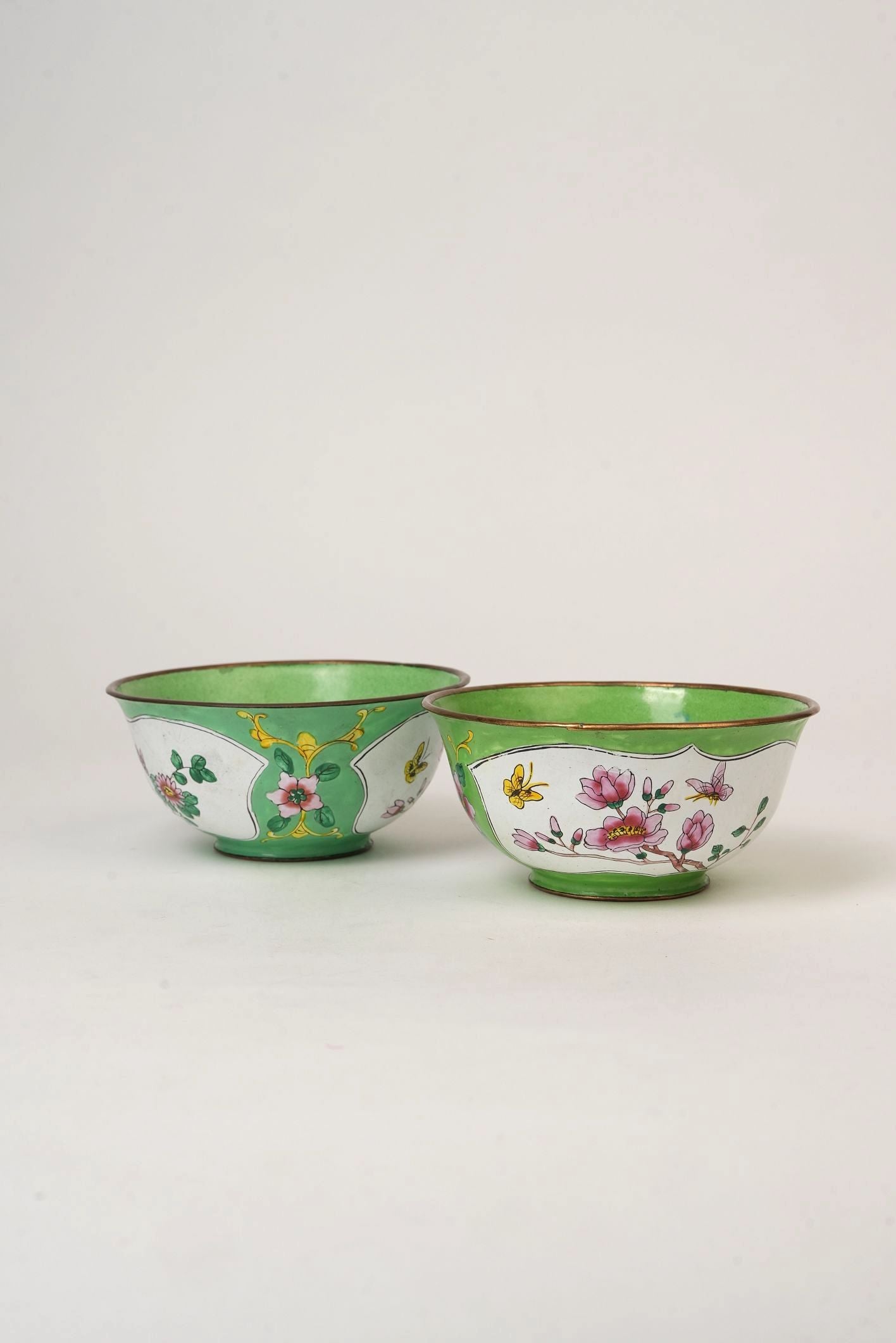 Pair of Hand‑Painted Apple‑Green Enamel Bowls