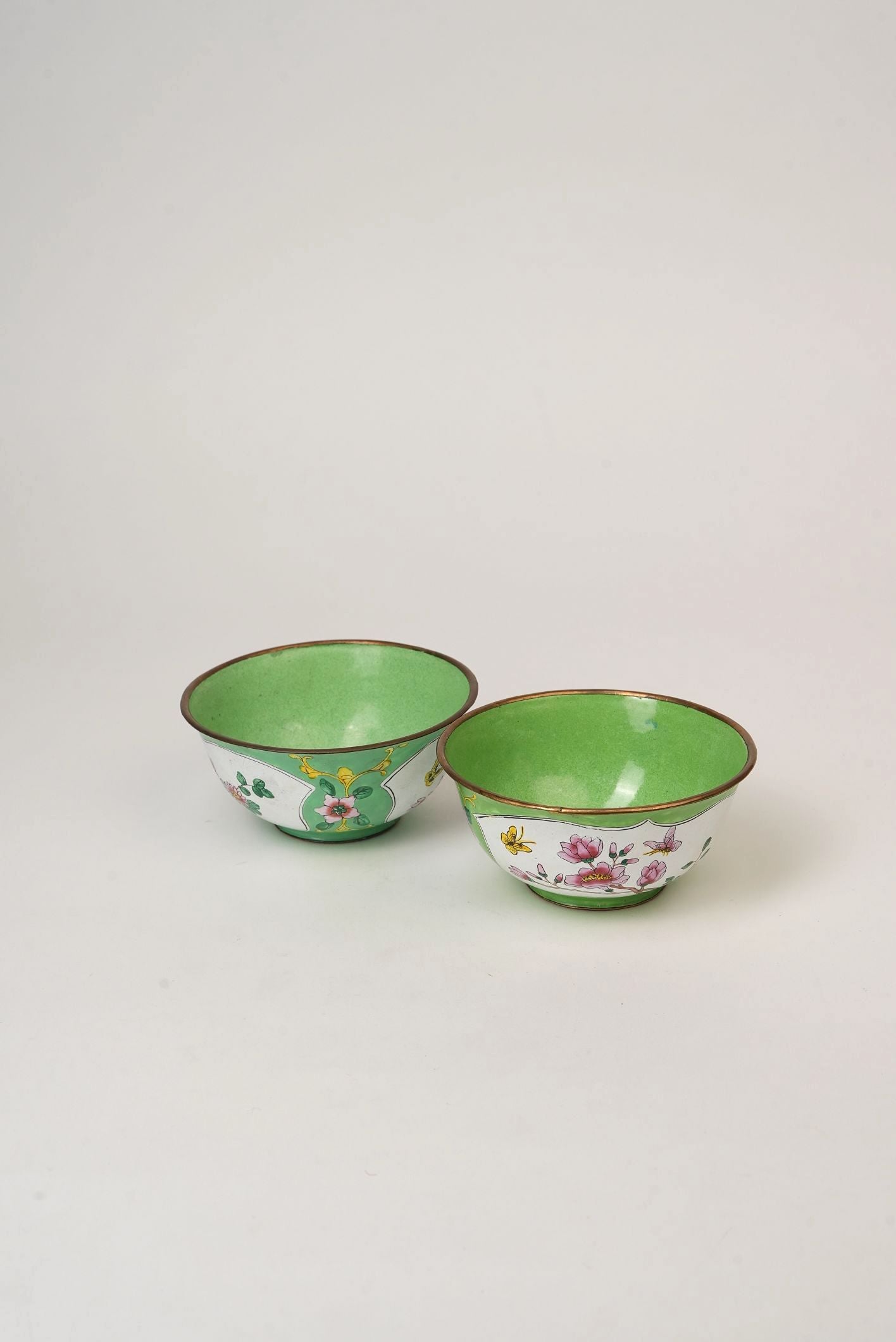 Pair of Hand‑Painted Apple‑Green Enamel Bowls