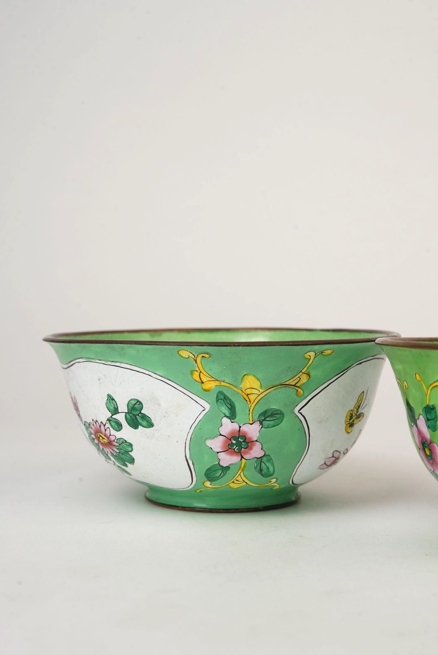 Pair of Hand‑Painted Apple‑Green Enamel Bowls