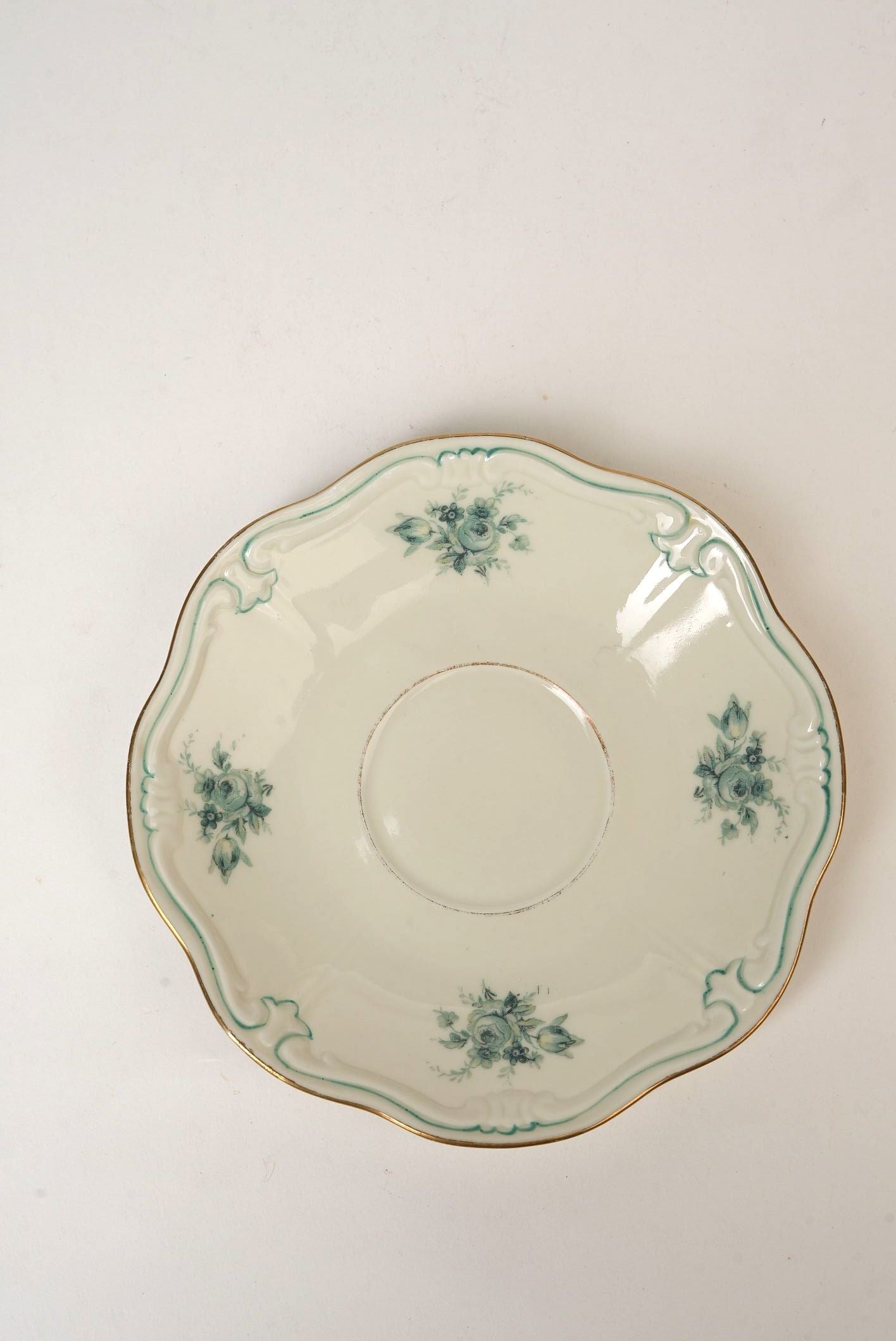 Pair of Teal Garland Saucers with Gilded Rim