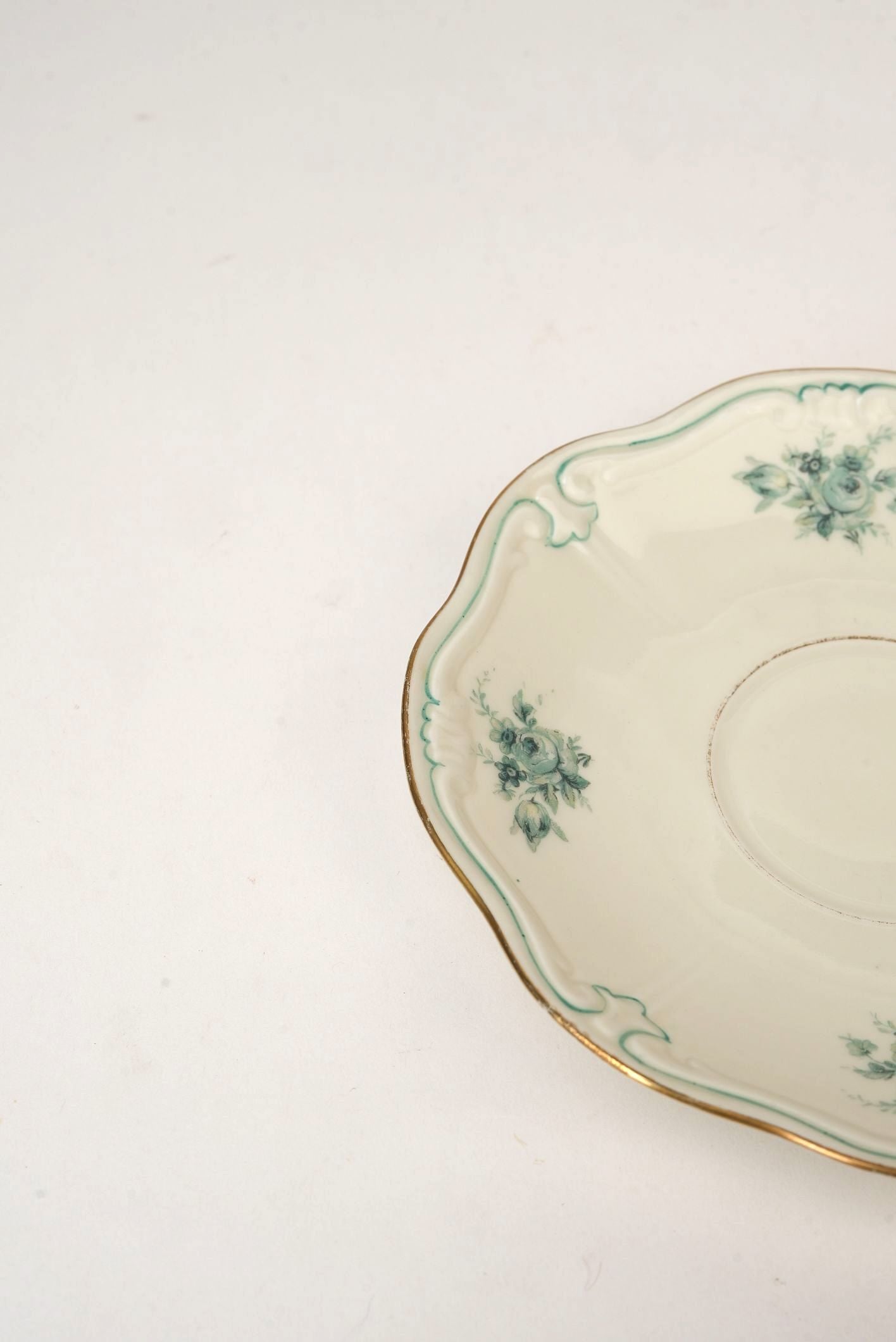 Pair of Teal Garland Saucers with Gilded Rim
