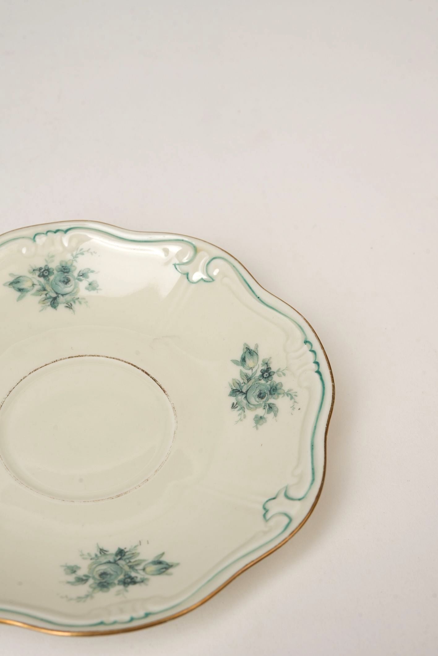 Pair of Teal Garland Saucers with Gilded Rim