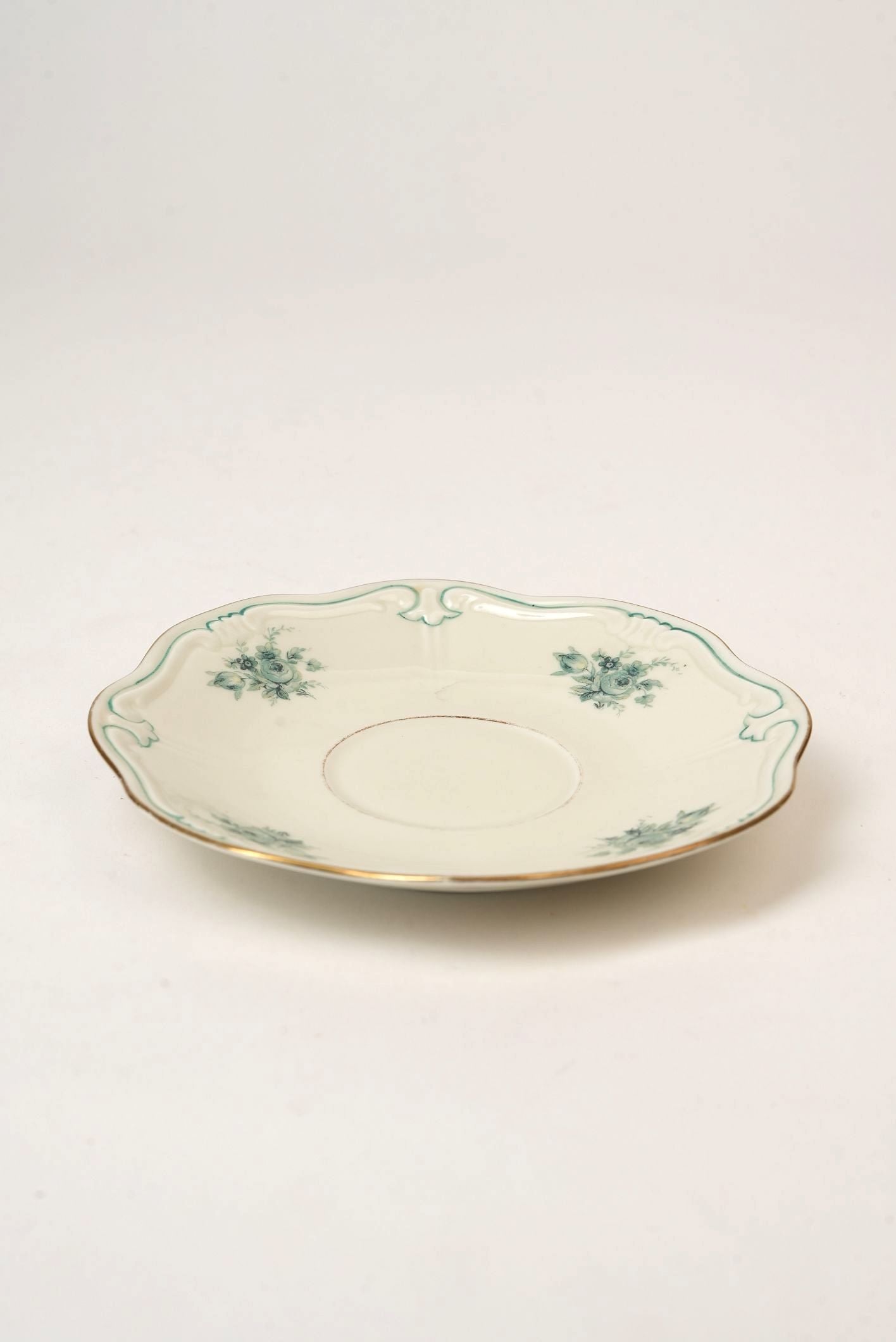 Pair of Teal Garland Saucers with Gilded Rim