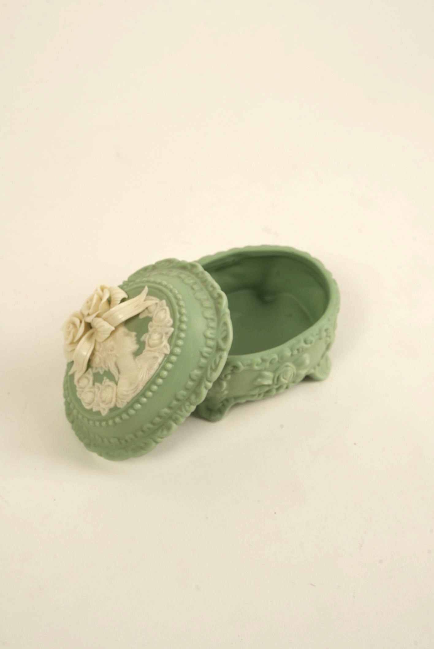 Victorian-Style Green Cameo Trinket Box with Floral Lid