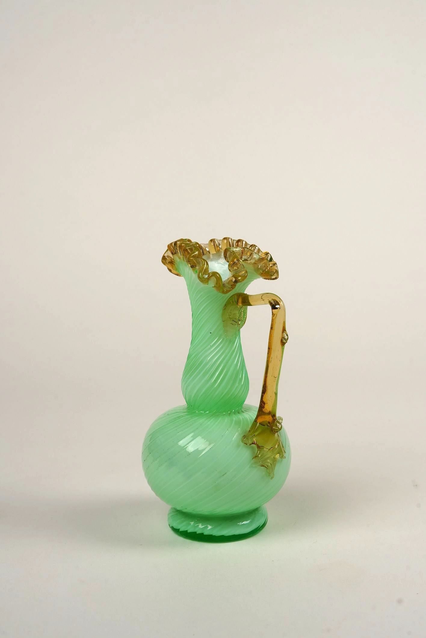 Victorian Uranium Opaline Green Glass Ewer Vase