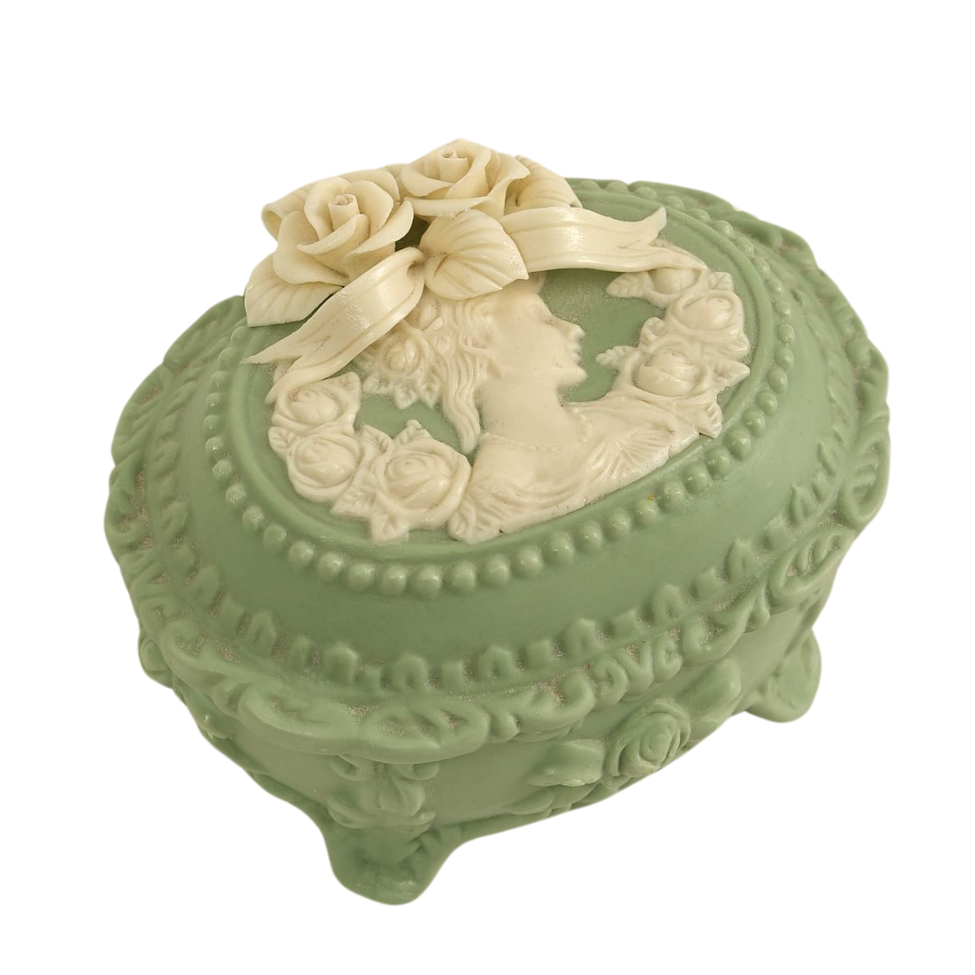 Victorian-Style Green Cameo Trinket Box with Floral Lid