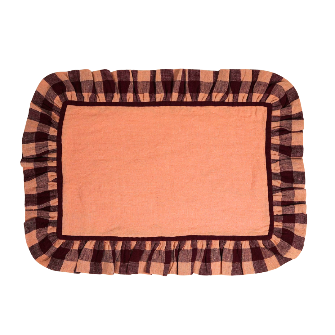 Peach Linen With Gingham Frill Placemats | Set of 2