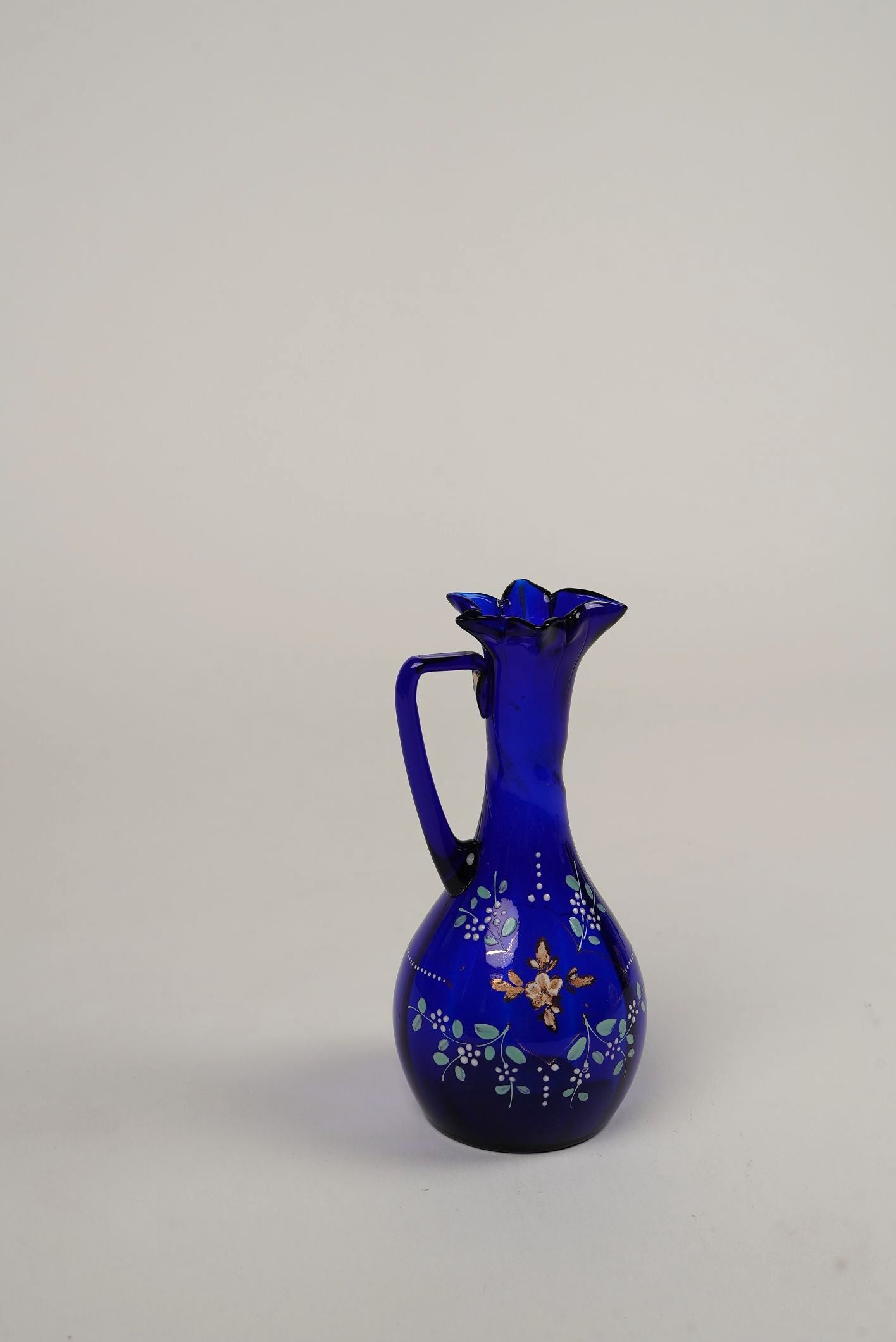 Vintage Cobalt Blue Hand-Painted Blown Glass Vase
