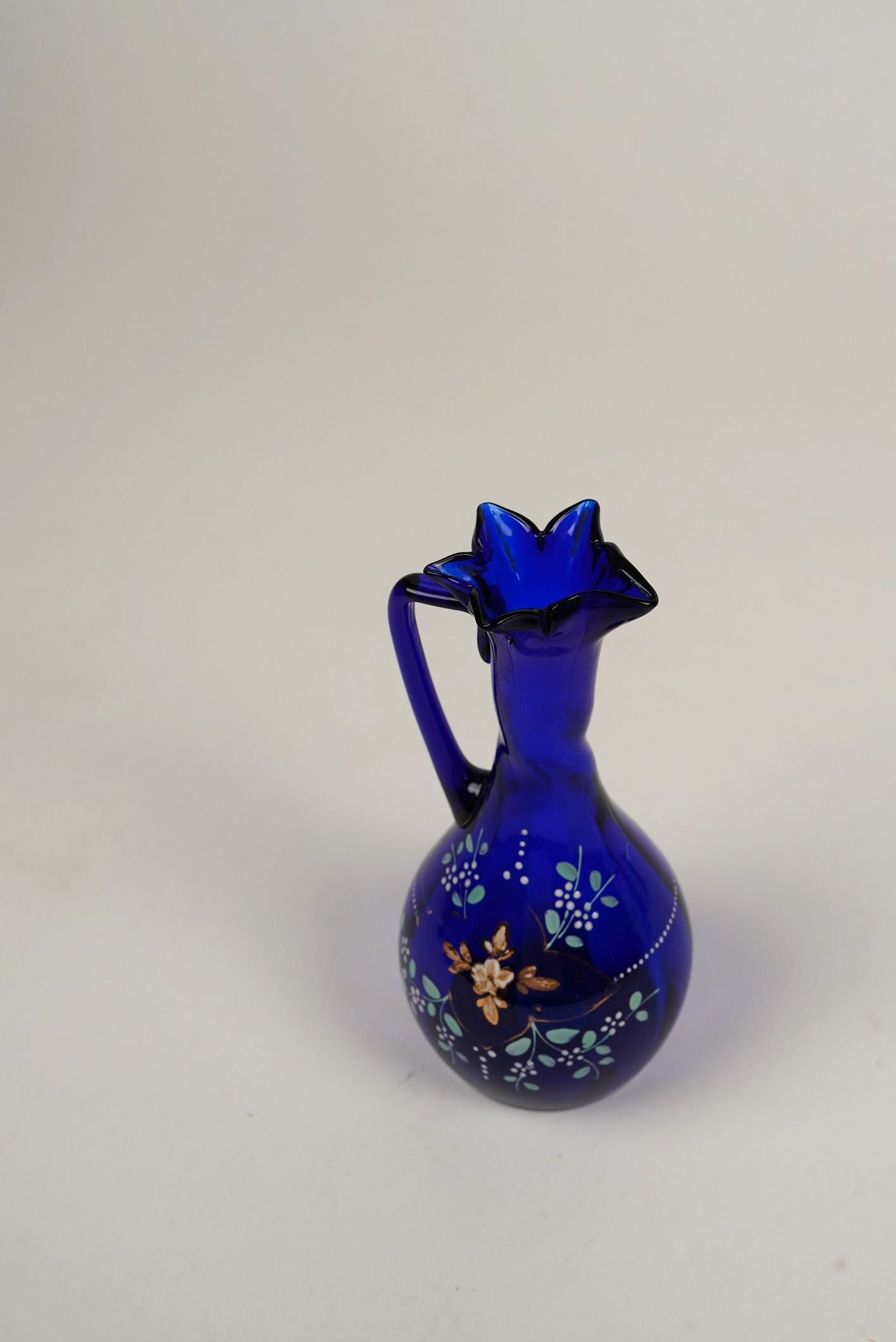 Vintage Cobalt Blue Hand-Painted Blown Glass Vase