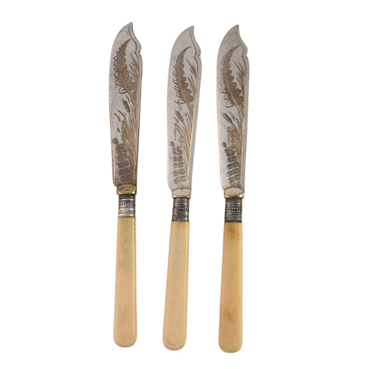 Antique Fruit Knives with Etched Blades & Cream Handles | Set of 3