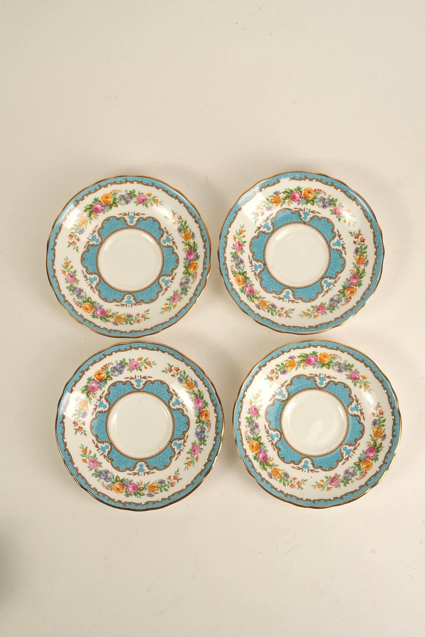 Antique Staffordshire Saucers with Turquoise & Gold Detailing