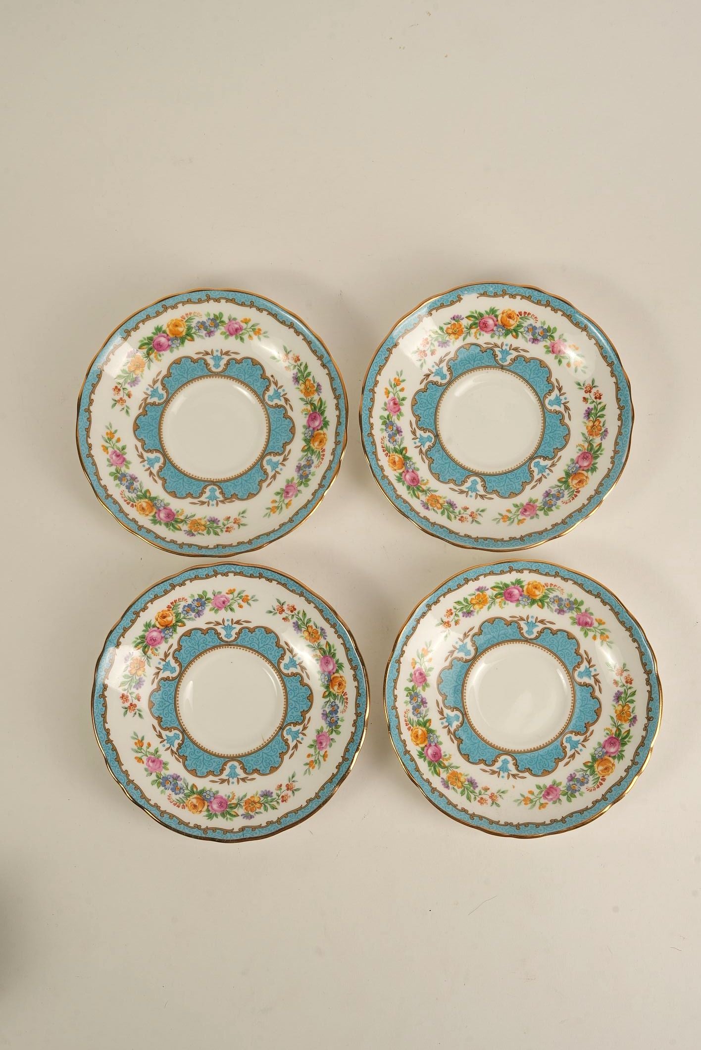 Antique Staffordshire Saucers with Turquoise & Gold Detailing