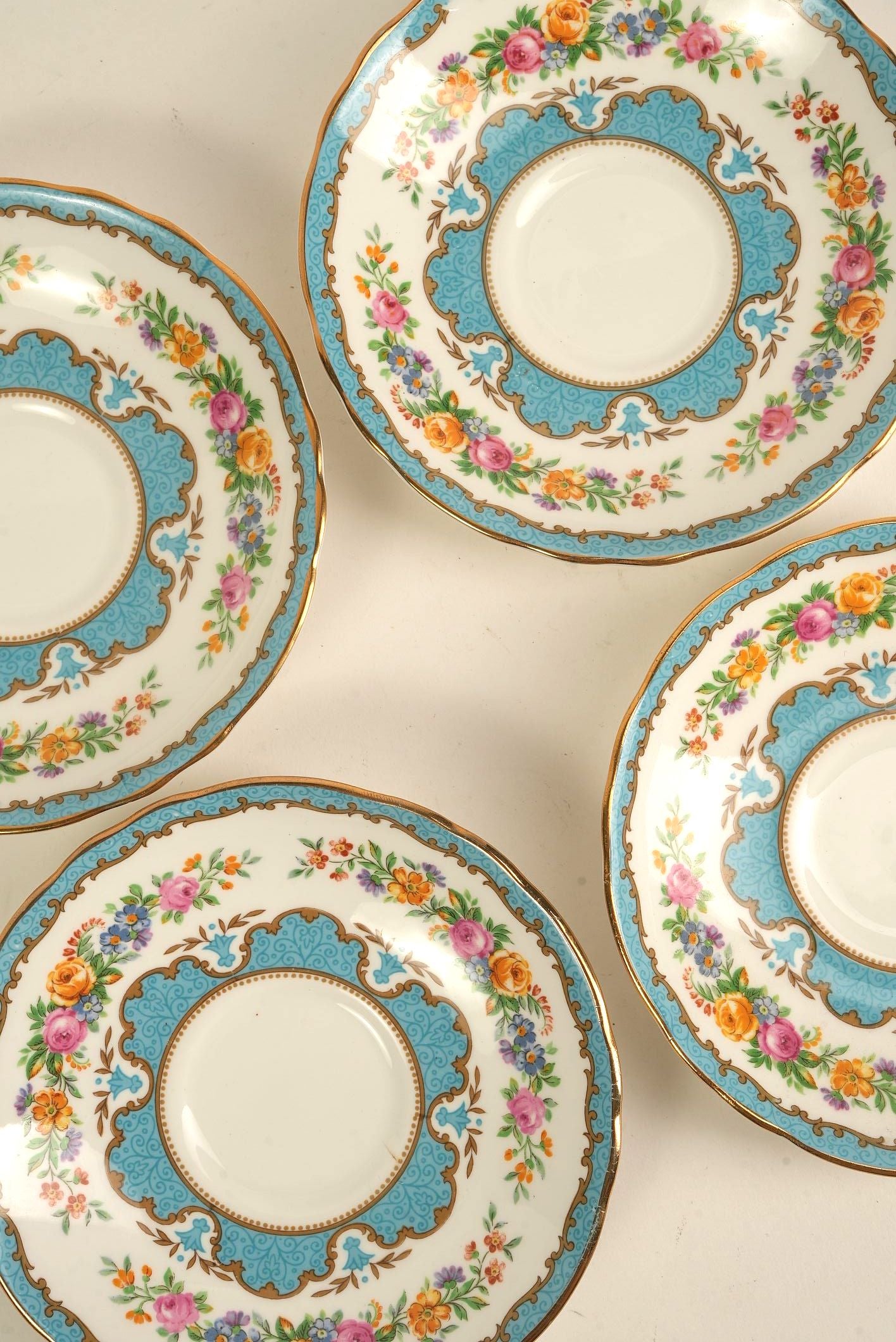 Antique Staffordshire Saucers with Turquoise & Gold Detailing