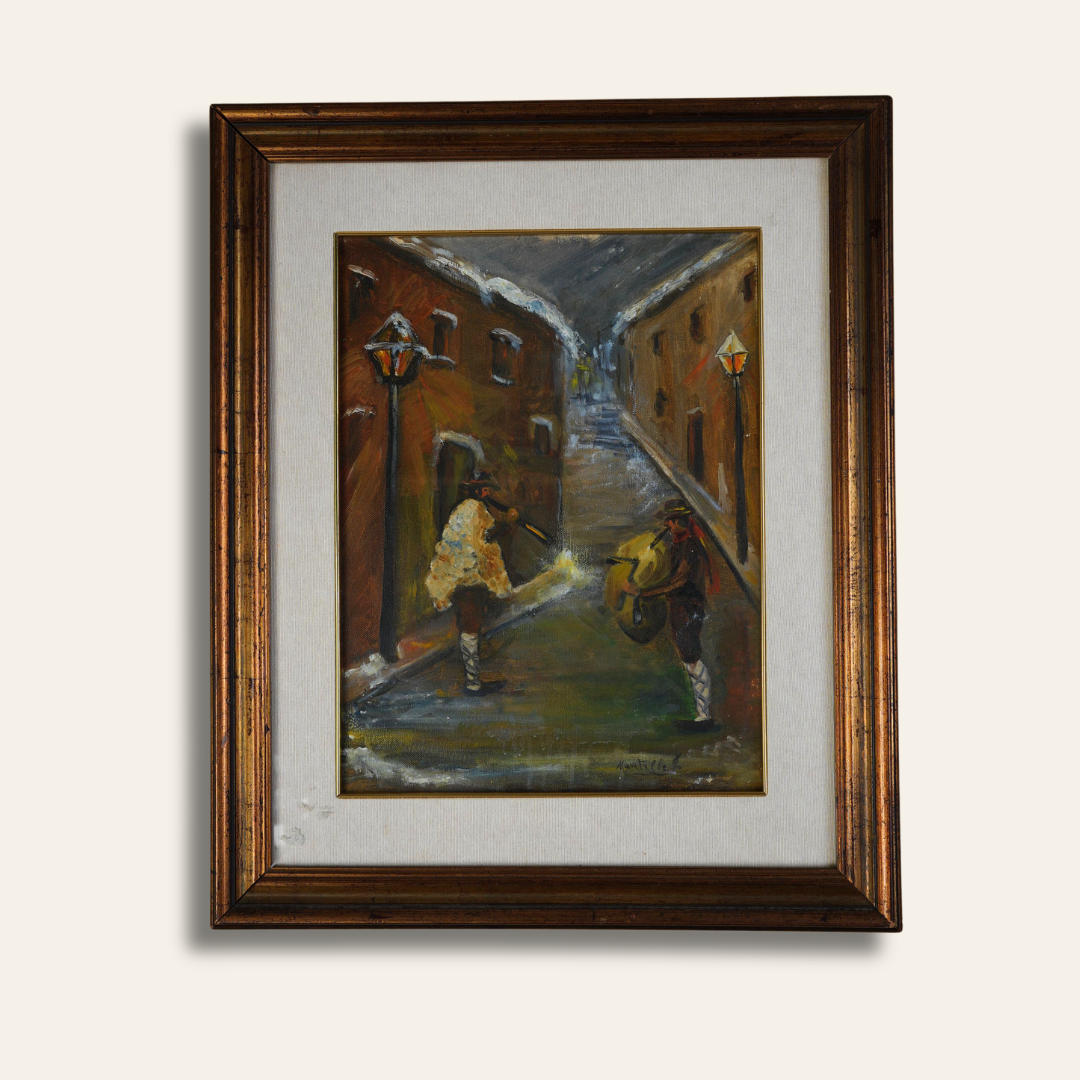 Vintage Oil Painting — Night Alley with Musicians