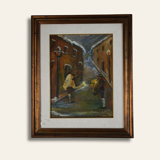 Vintage Oil Painting — Night Alley with Musicians
