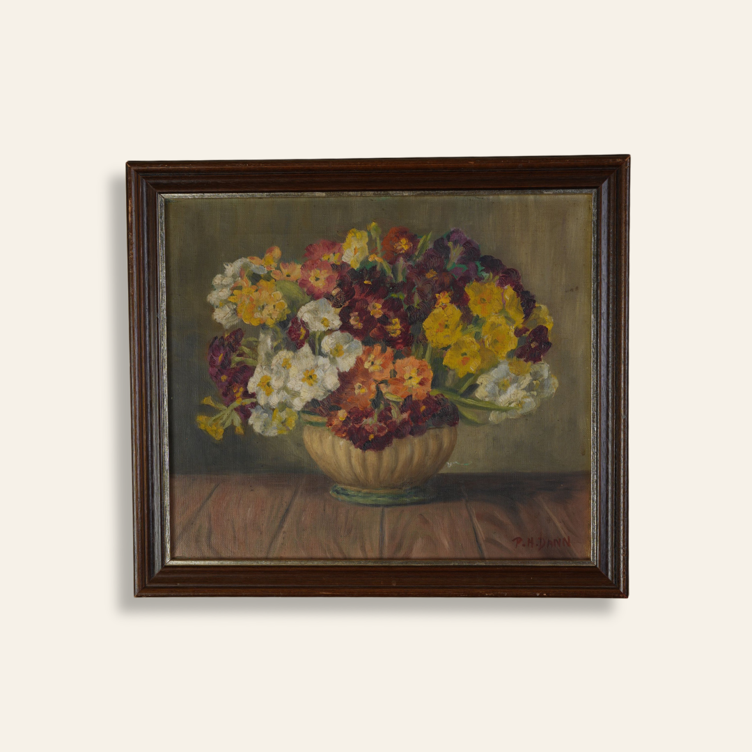 Vintage Oil Painting — Floral Still Life in Stoneware Urn