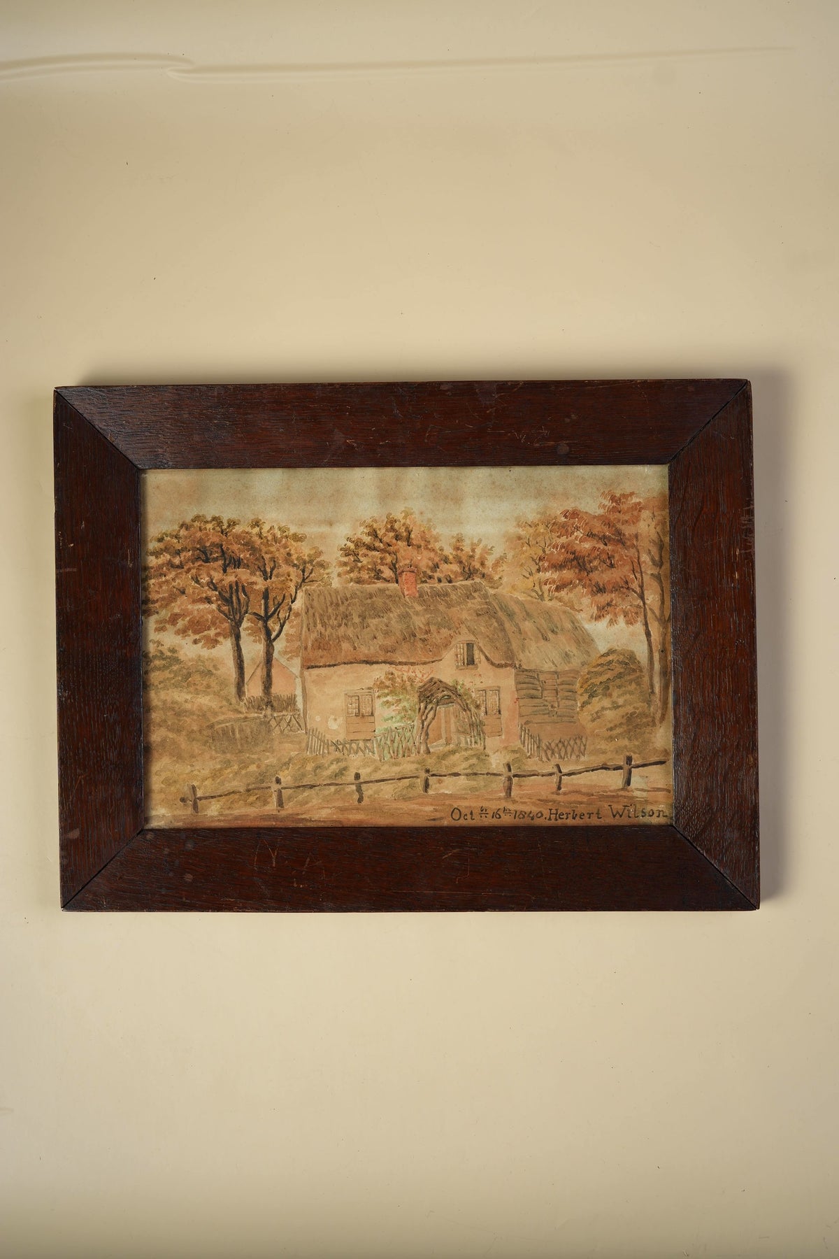 1840 Watercolour by Herbert Wilson — Cottage Scene, Original Oak Frame