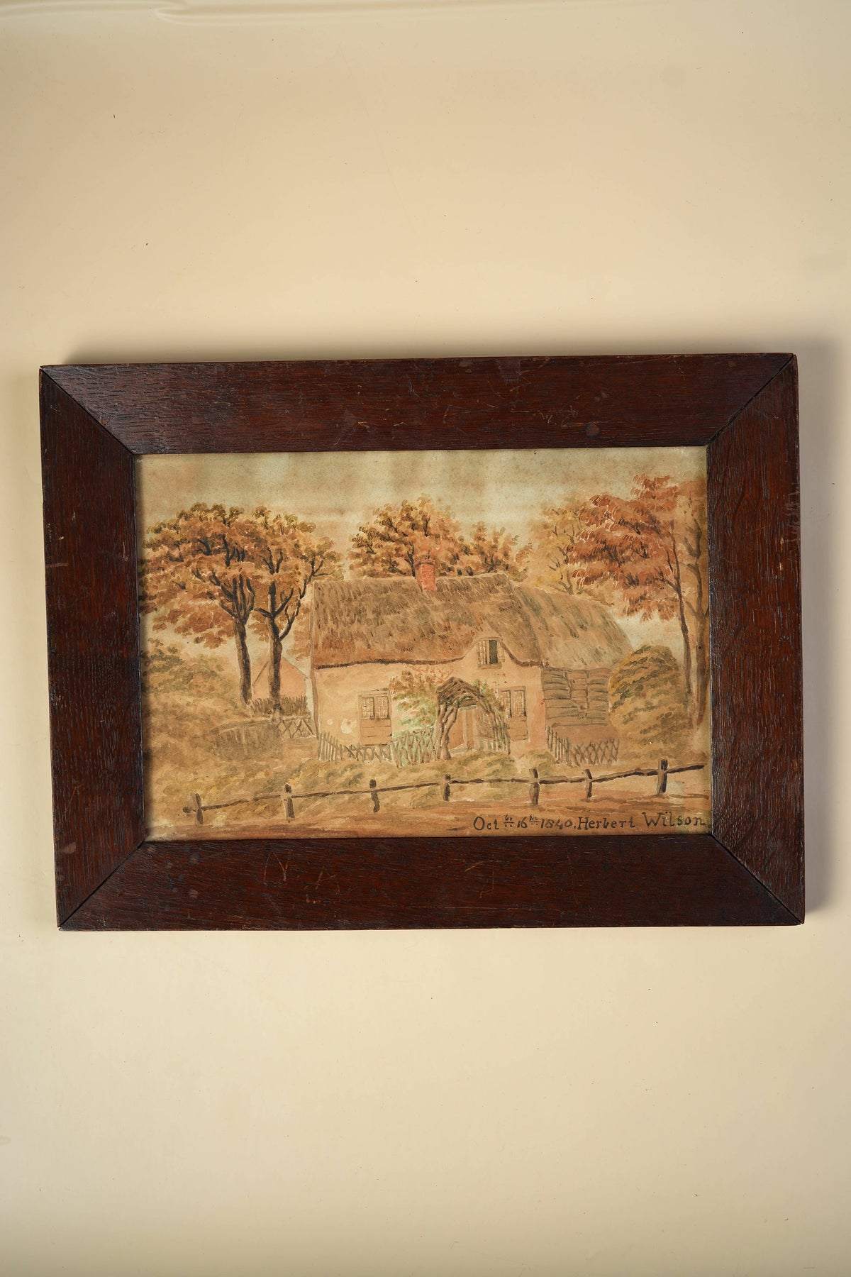 1840 Watercolour by Herbert Wilson — Cottage Scene, Original Oak Frame