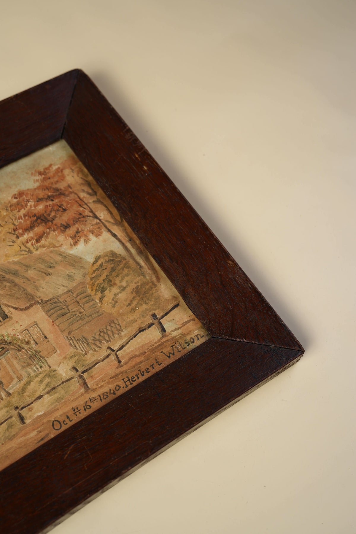 1840 Watercolour by Herbert Wilson — Cottage Scene, Original Oak Frame