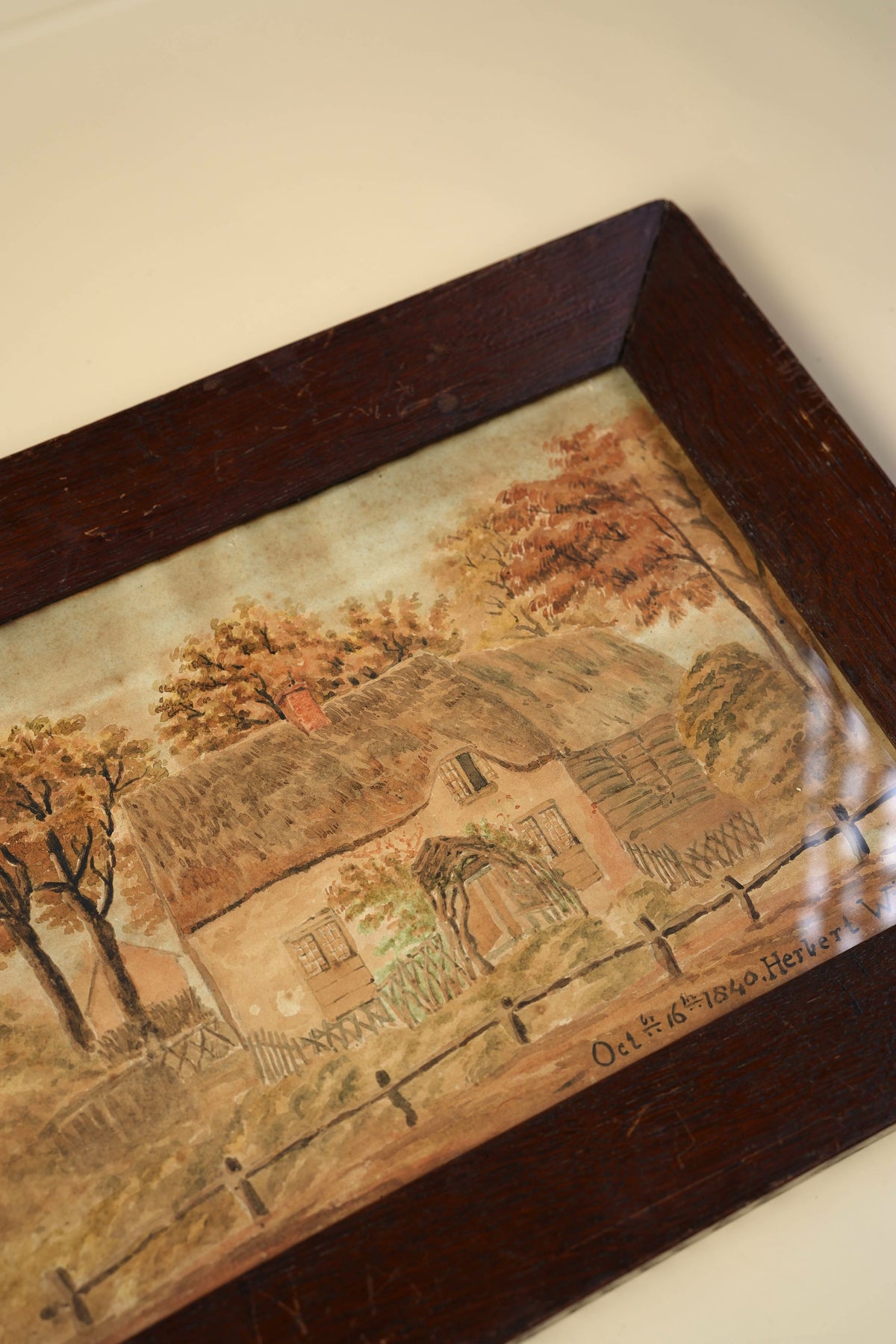 1840 Watercolour by Herbert Wilson — Cottage Scene, Original Oak Frame