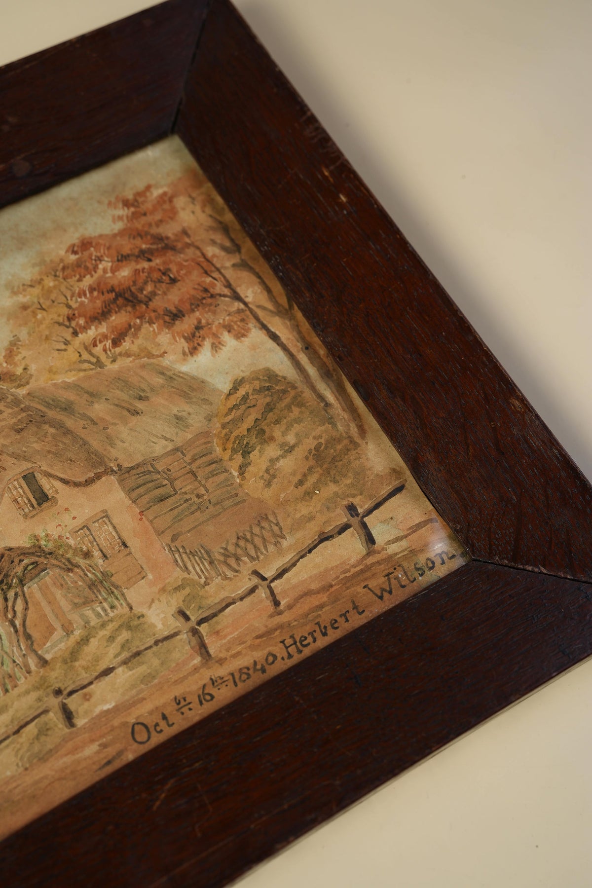 1840 Watercolour by Herbert Wilson — Cottage Scene, Original Oak Frame