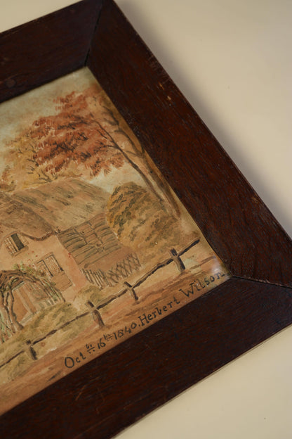 1840 Watercolour by Herbert Wilson — Cottage Scene, Original Oak Frame
