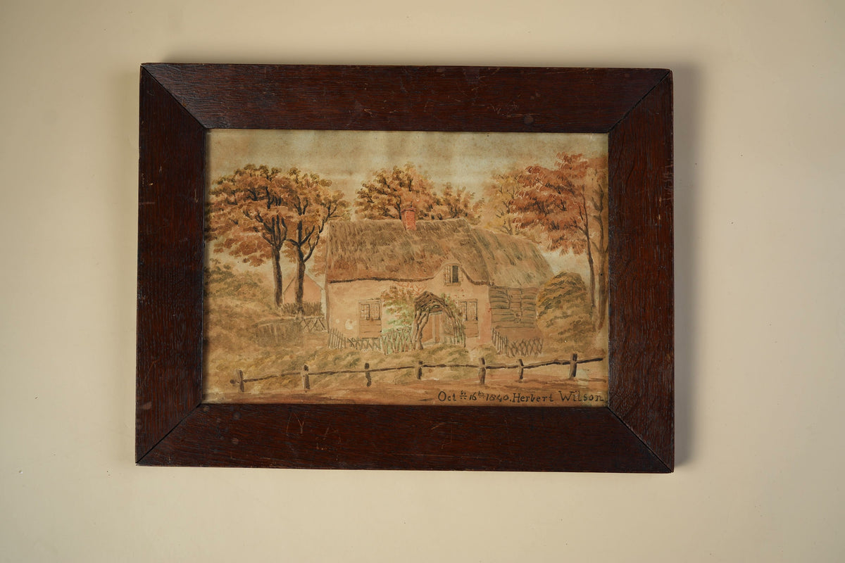 1840 Watercolour by Herbert Wilson — Cottage Scene, Original Oak Frame