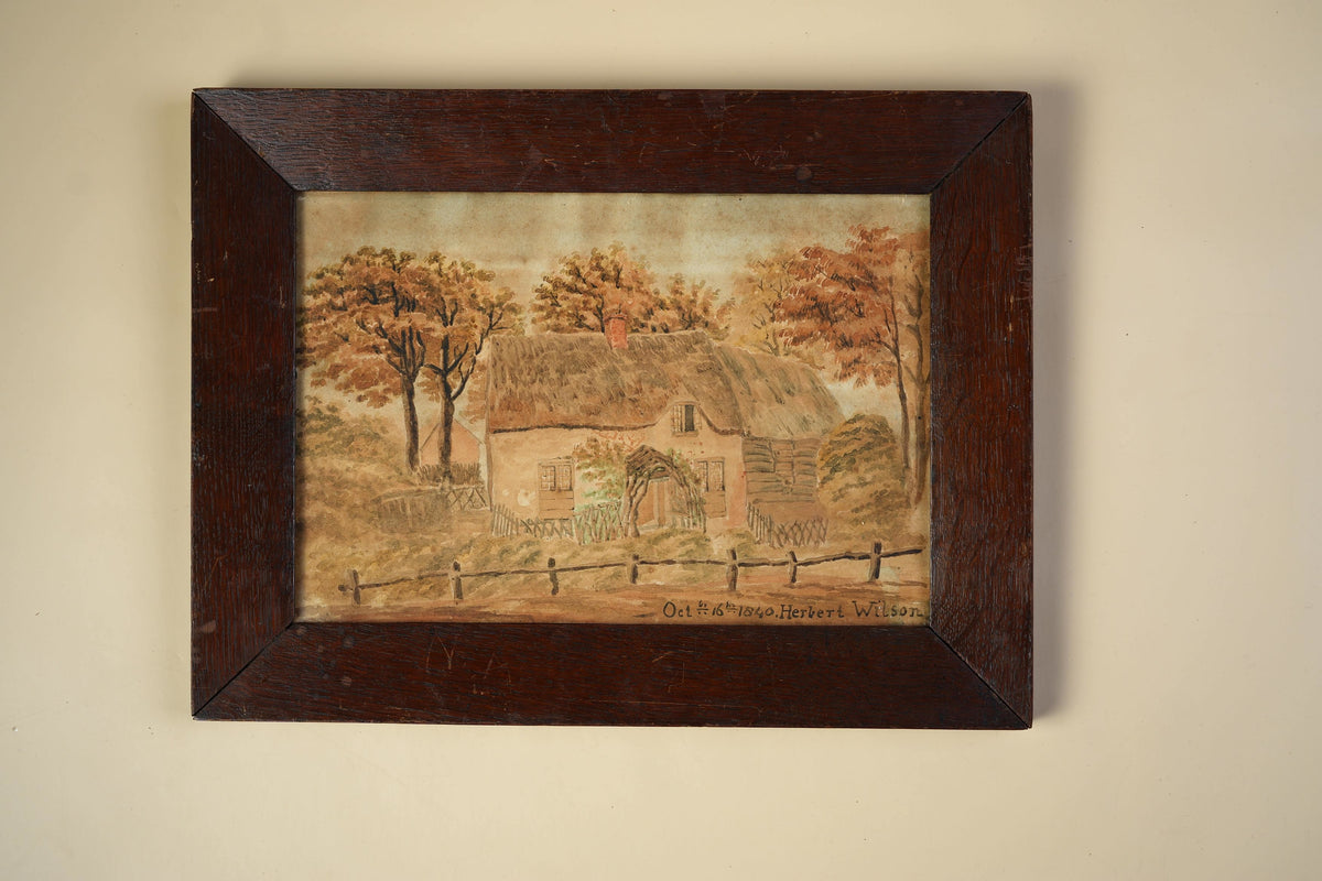 1840 Watercolour by Herbert Wilson — Cottage Scene, Original Oak Frame