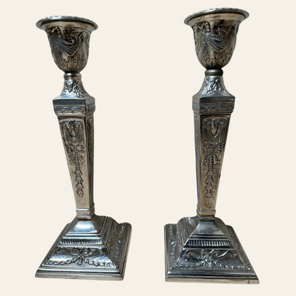 Pair of ornate silver candlesticks - authentic antique 