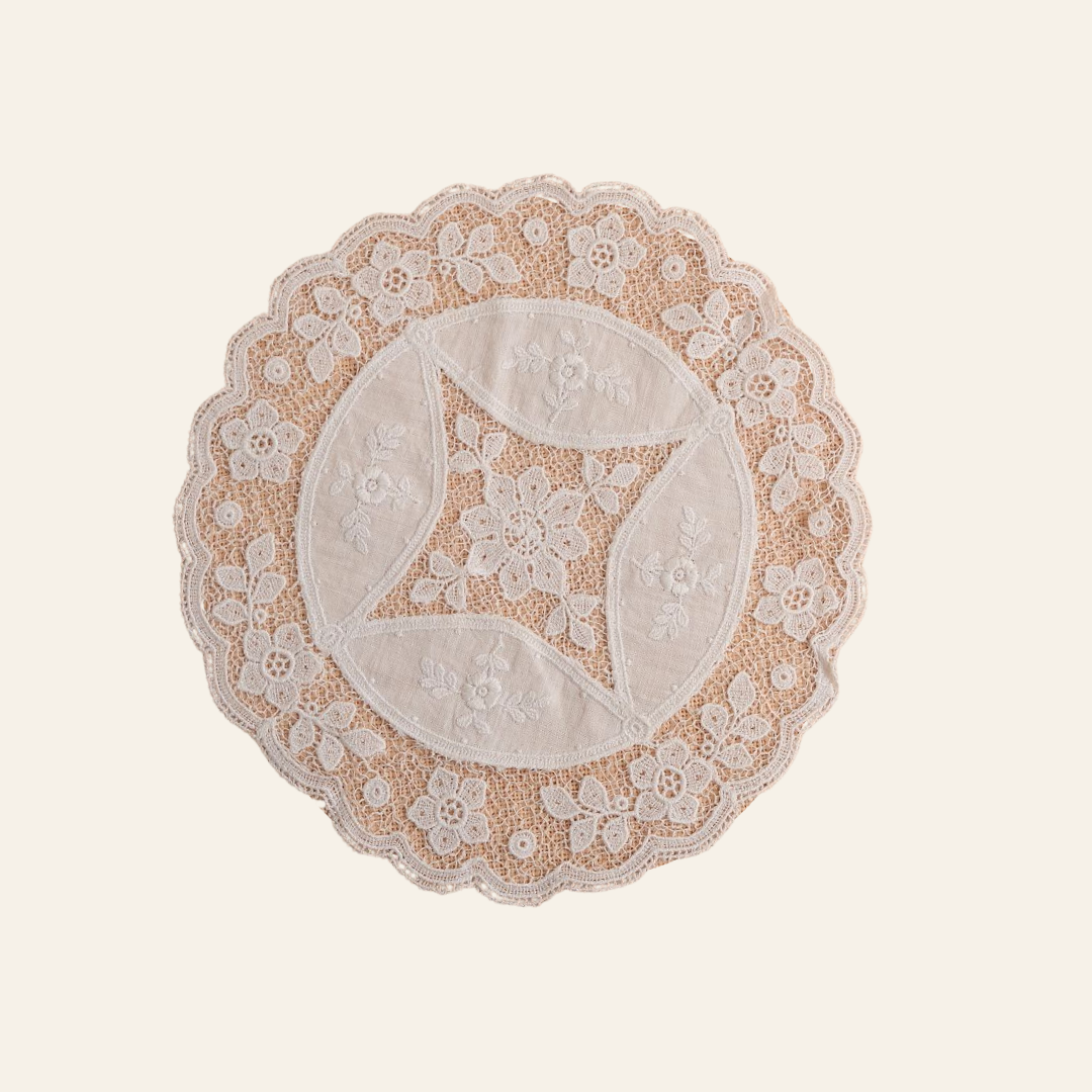 Small Antique Embroidered Lace Doilies | Set of 2
