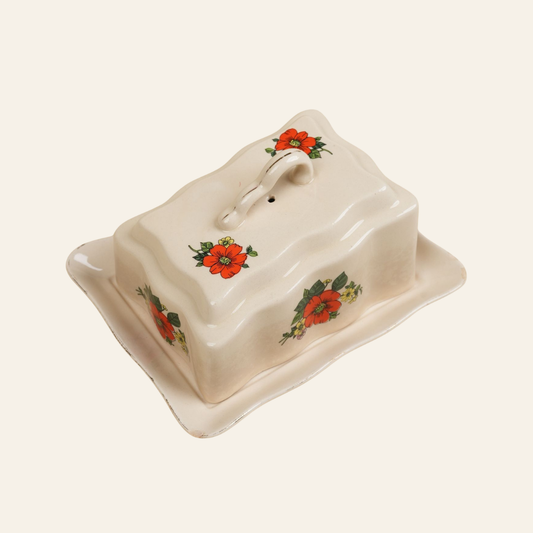 Vintage Red Flower Butter Dish