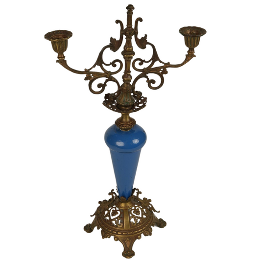 Rare Antique French Brass & Porcelain Candle Stands | Set of 2