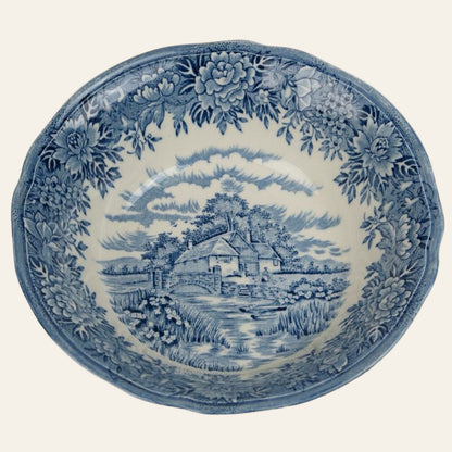 A vintage Salem China Co. bowl with blue and white transferware design featuring a colonial village scene. - Authentic antique piece 