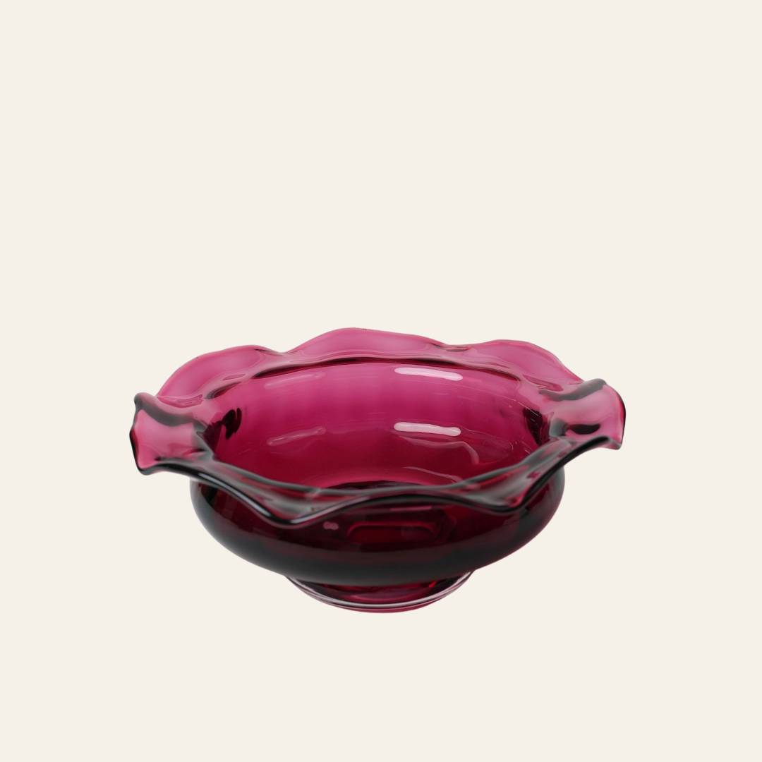 Vintage Cranberry Glass Bowl with Ruffled Rim