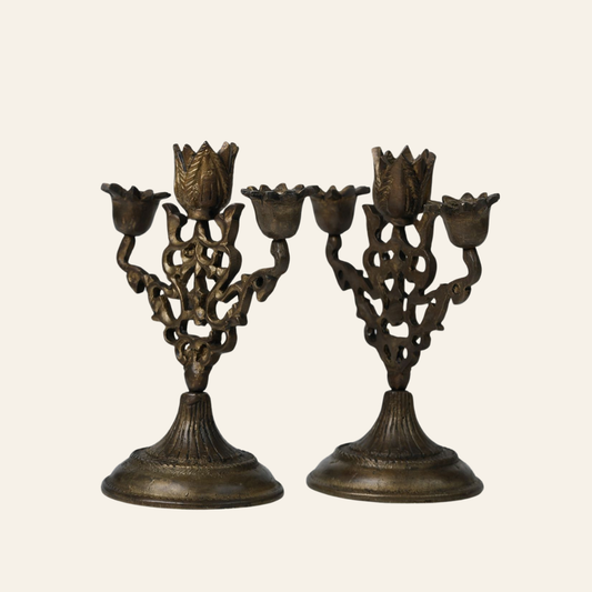 Pair of Antique Brass Floral Candelabras
