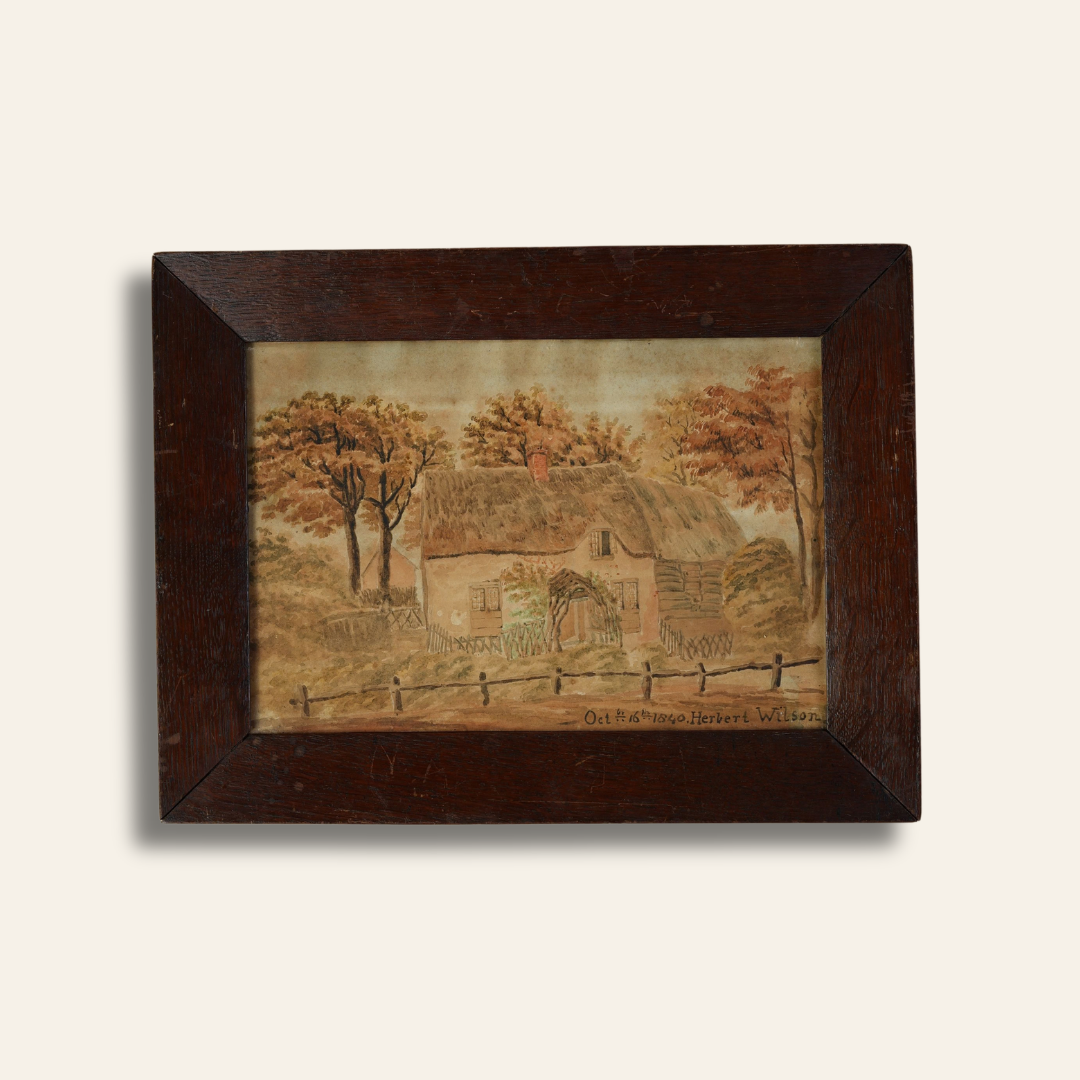 1840 Watercolour by Herbert Wilson — Cottage Scene, Original Oak Frame