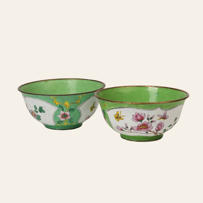 Pair of Hand‑Painted Apple‑Green Enamel Bowls