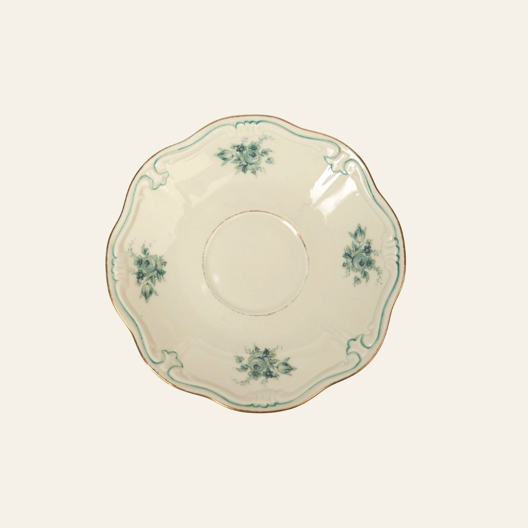 Pair of Teal Garland Saucers with Gilded Rim